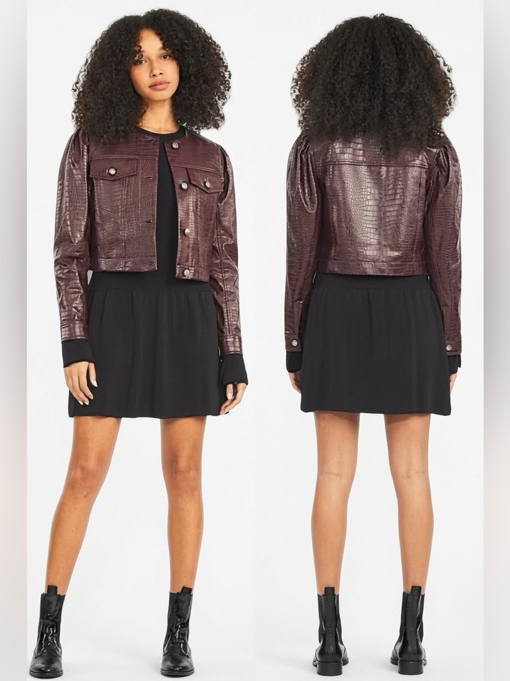 Tanya Taylor Dakota Croc Faux Leather Jacket Cropped Burgundy Cabernet M NWT